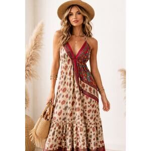 Red Tan Yellow Boho Silk Spagheti Strap Tie Maxi Dress O/S